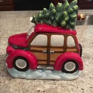 Festive Red Car Cookie Jar with Christmas Tree